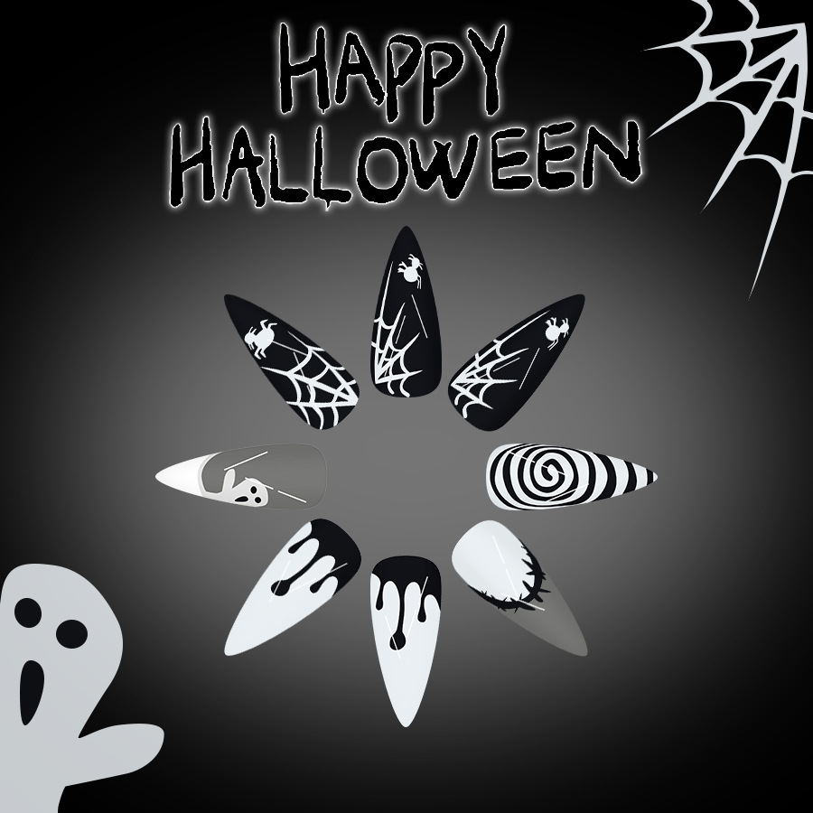 Ghost Cobweb Black — Long Almond Press-On Nails
