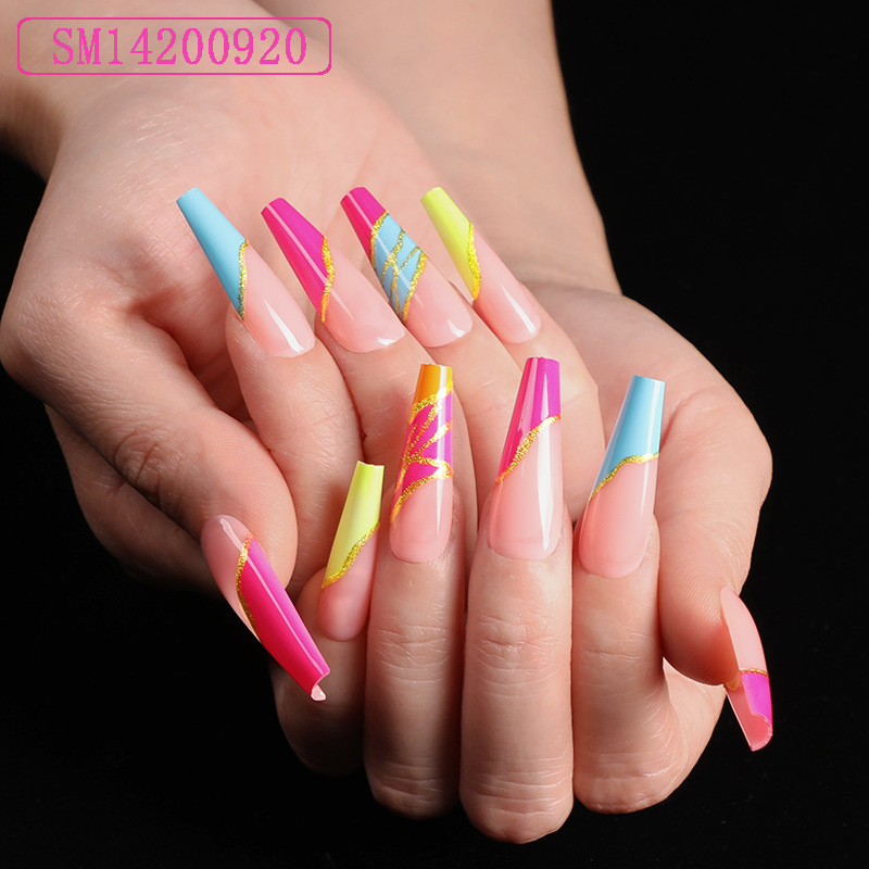 Colorful French Coffin — Long Press-On Nails