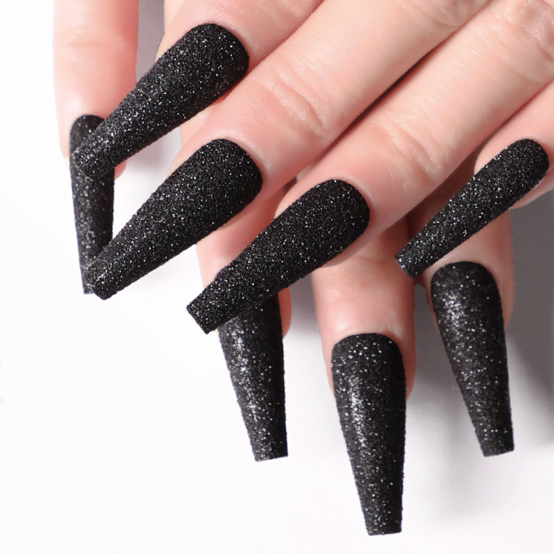 Black Glitter Coffin — Long Press-On Nails