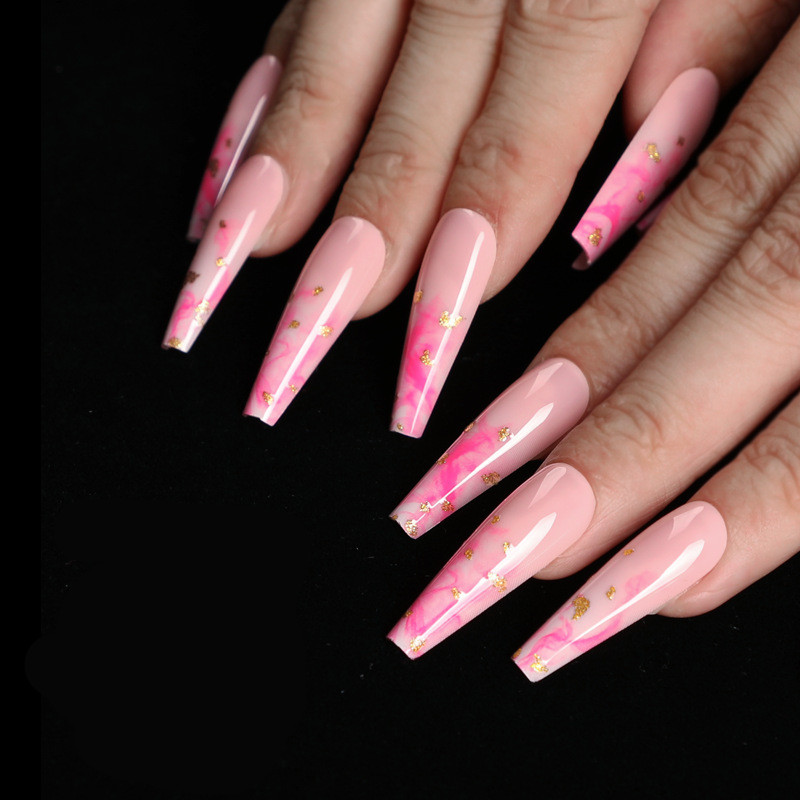 Pink Marble Coffin — Long Press-On Nails