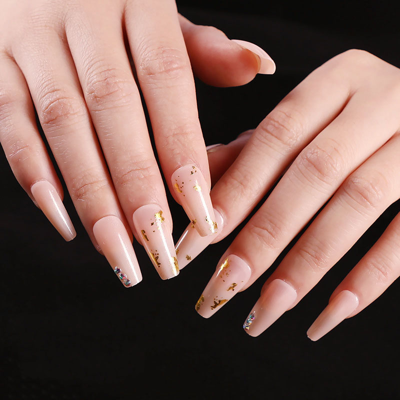 Nude Gold Foil Coffin — Long Press-On Nails