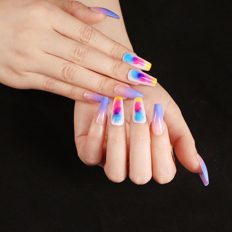 Neon Watercolor Coffin — Long Press-On Nails