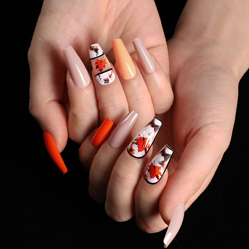 Nude Orange Maple Coffin — Long Press-On Nails