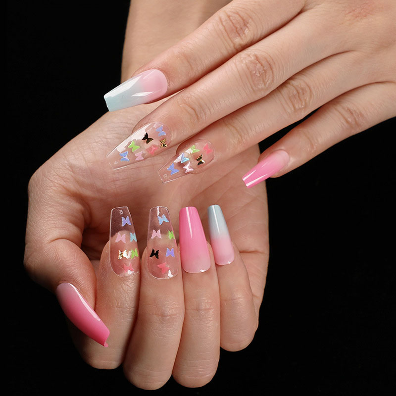 Pink Butterfly Coffin — Long Press-On Nails