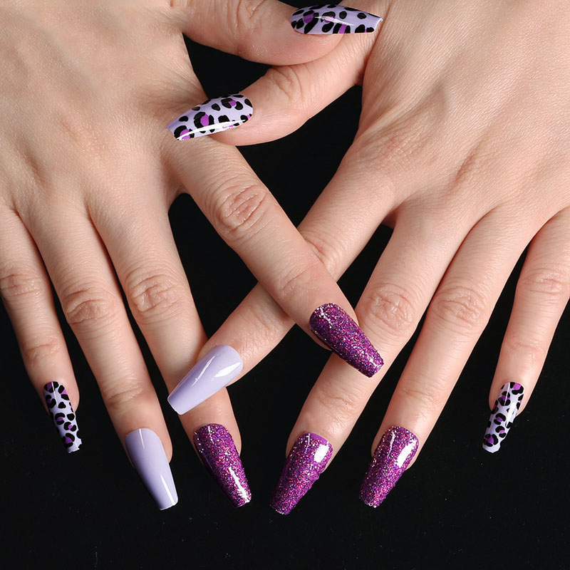 Purple Leopard Coffin — Long Press-On Nails