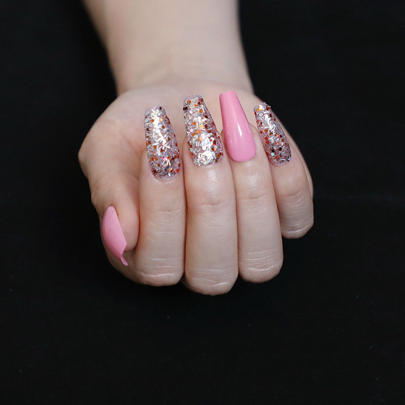 Pink Glitter Coffin — Long Press-On Nails