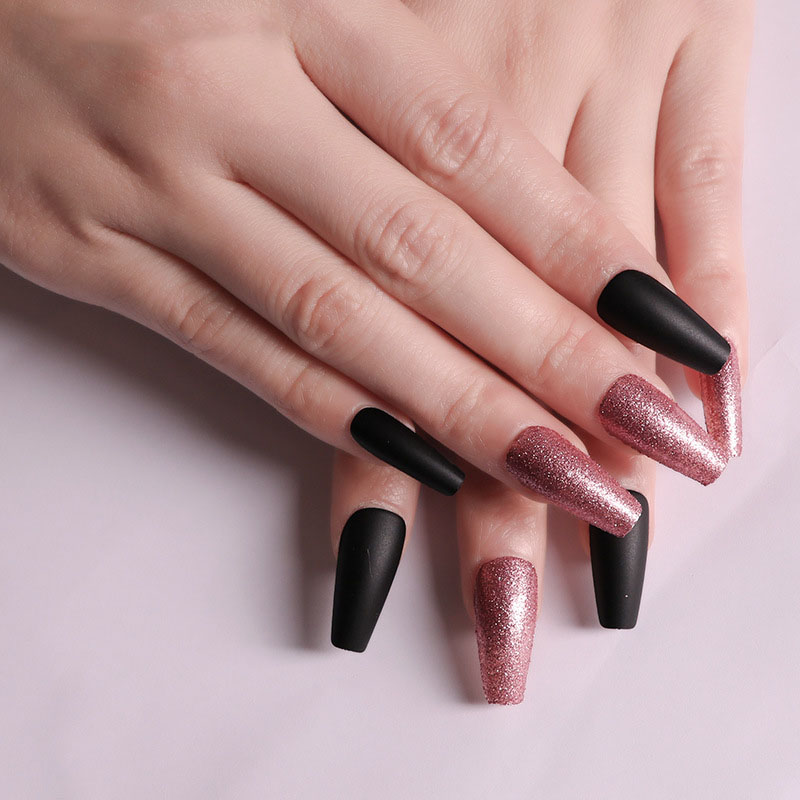 Rose Gold Glitter Coffin — Long Press-On Nails