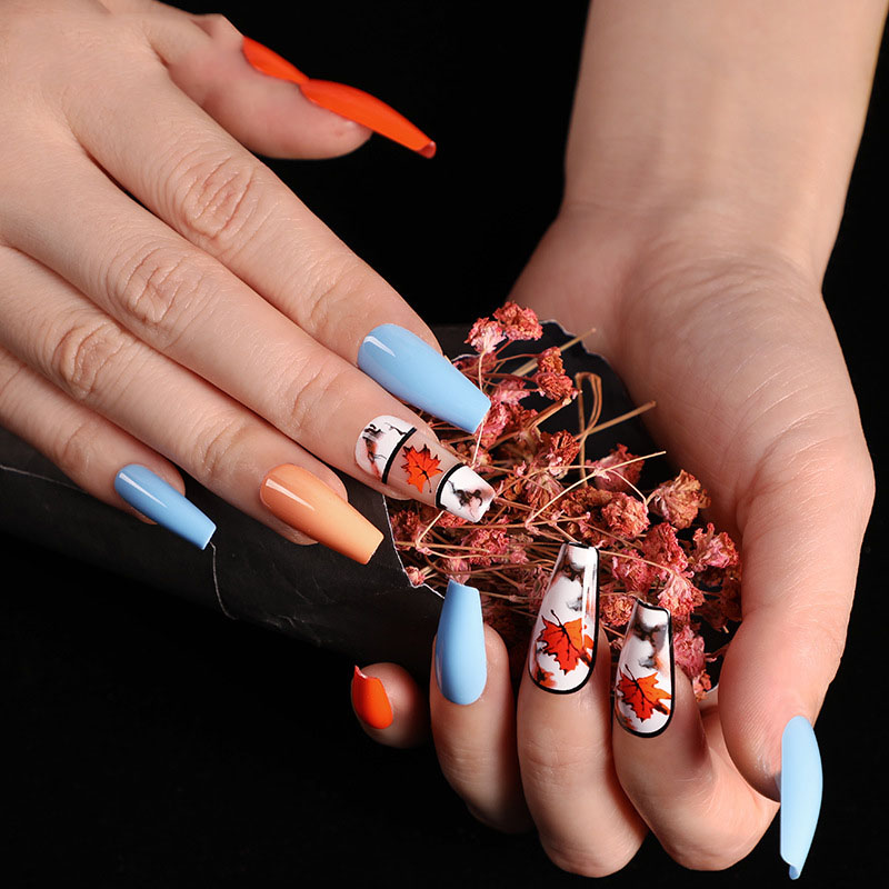Blue Maple Leaf Coffin — Long Press-On Nails