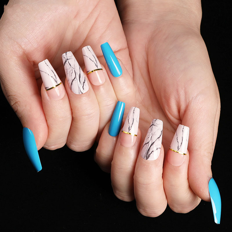 Blue Marble Coffin — Long Press-On Nails