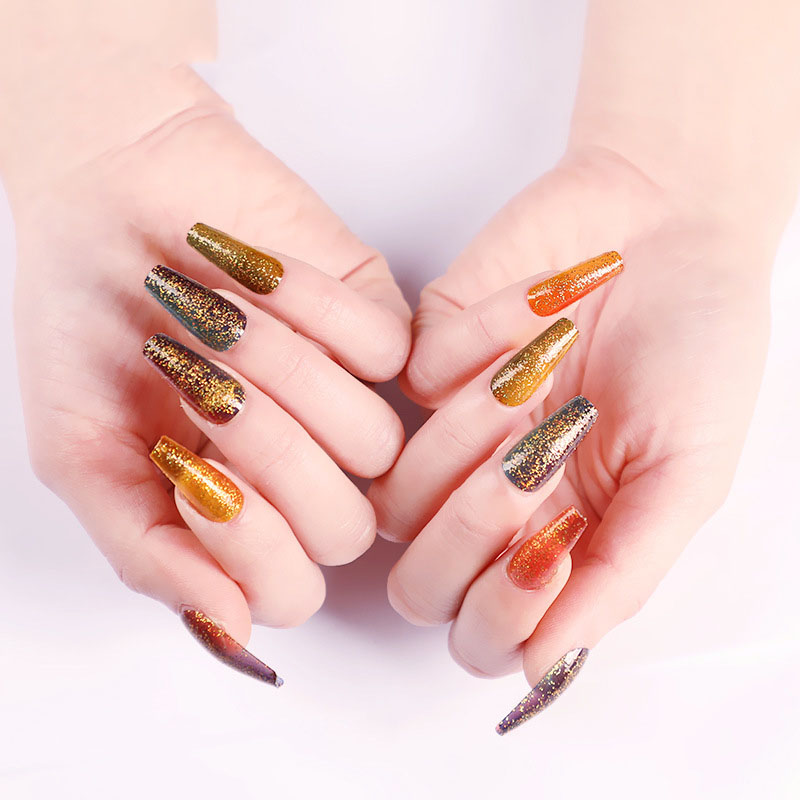 Gold Glitter Coffin — Long Press-On Nails