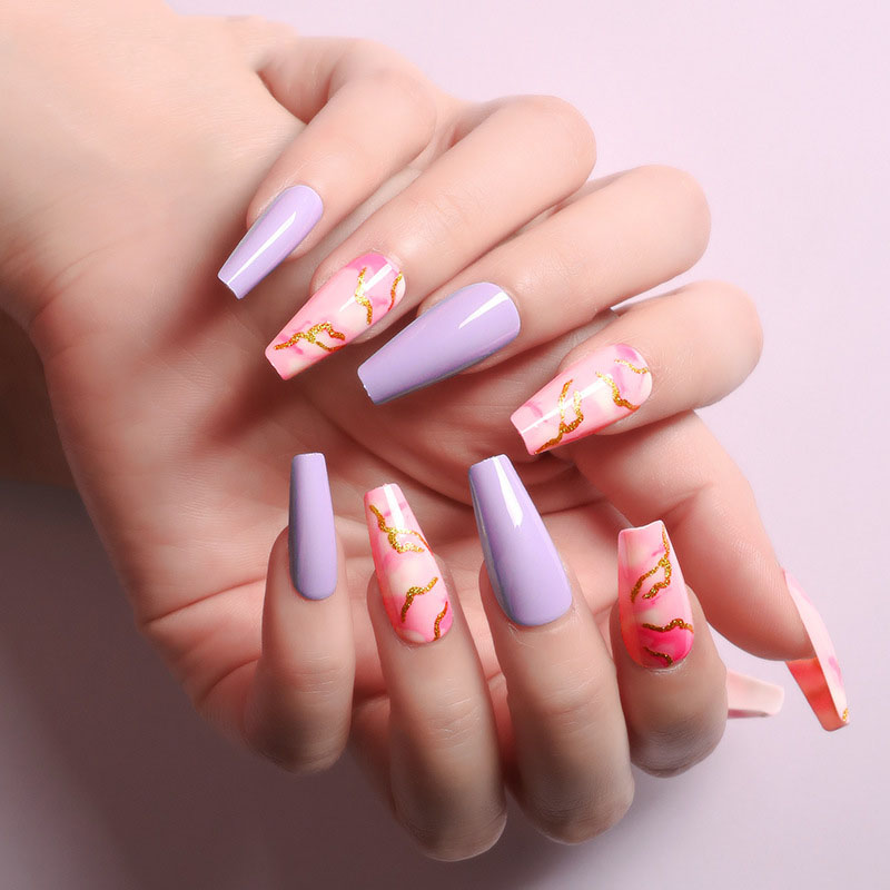 Lavender Pink Marble Coffin — Long Press-On Nails