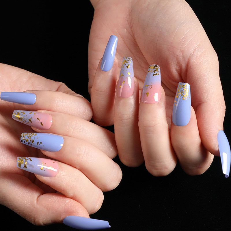 Lilac Gold Foil Coffin — Long Press-On Nails