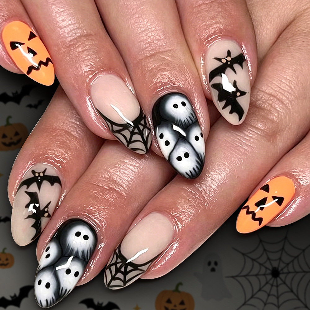 Spiderweb Nude Almond — Medium Almond Press-On Nails