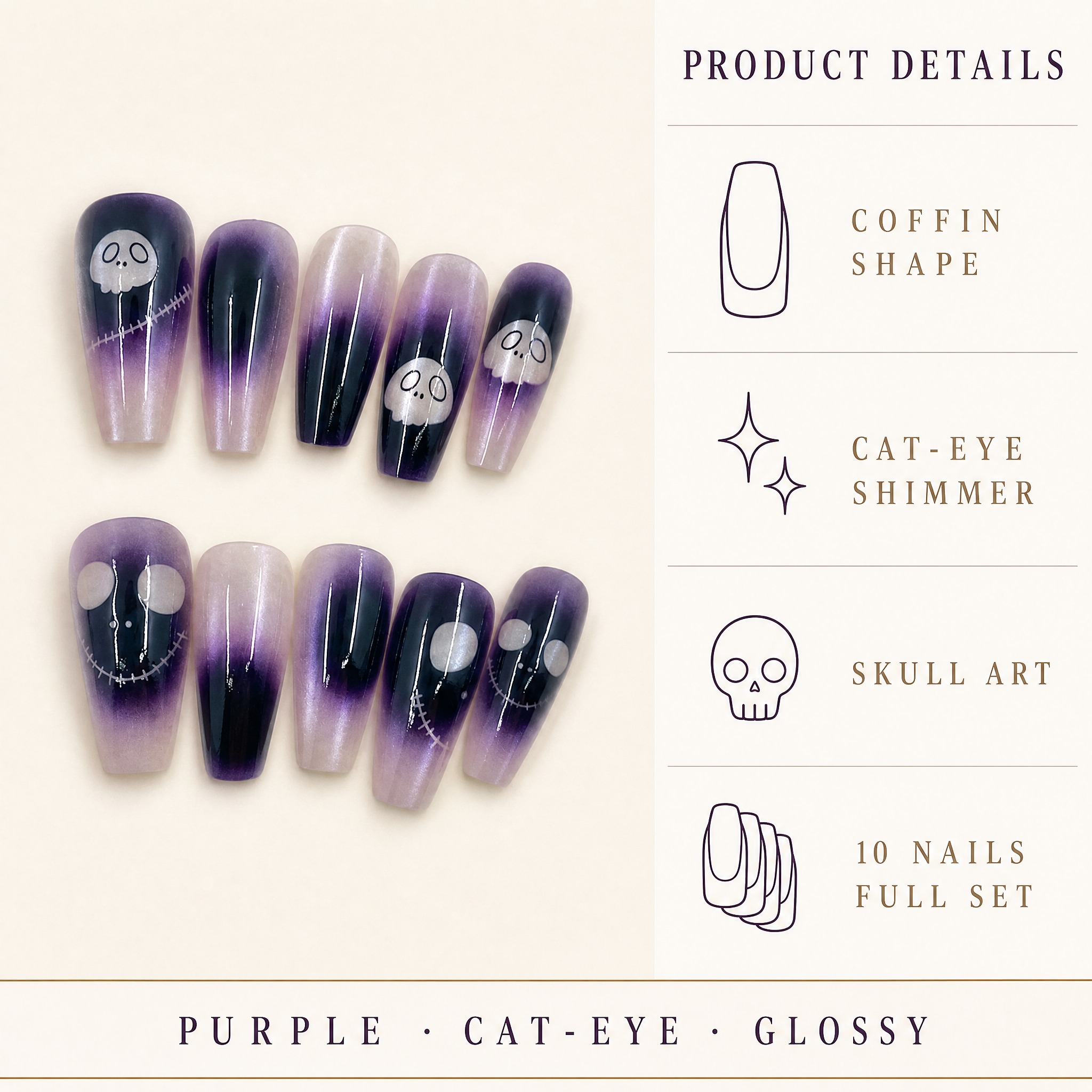 Purple Cat-Eye Skull — Long Coffin Press-On Nails - Image 1