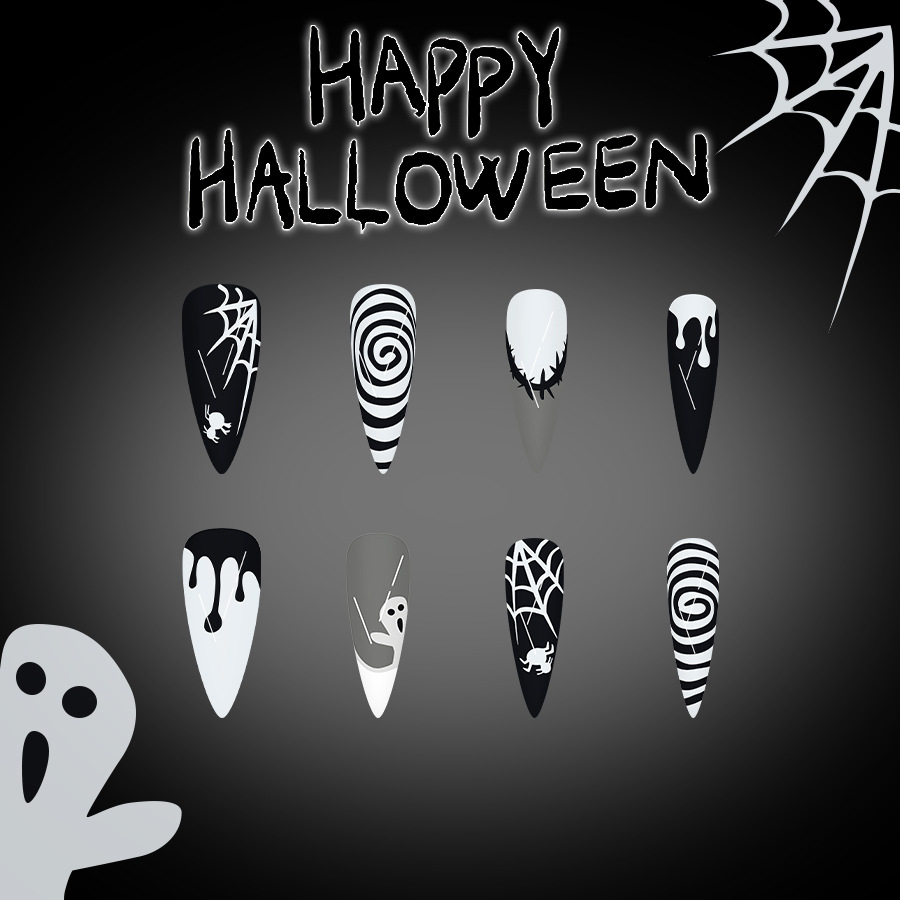 Ghost Cobweb Black — Long Almond Press-On Nails