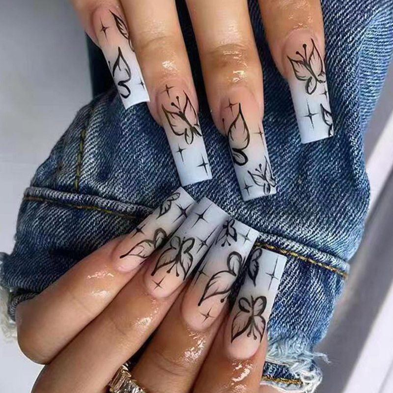 Black Butterfly Coffin — Long Press-On Nails