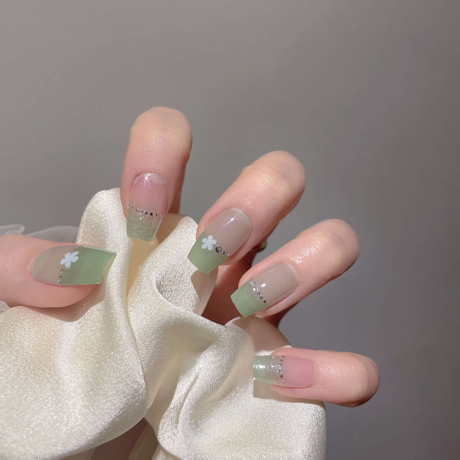 Green Floral French — Semi-Cured Gel Nail Strips - Image 1