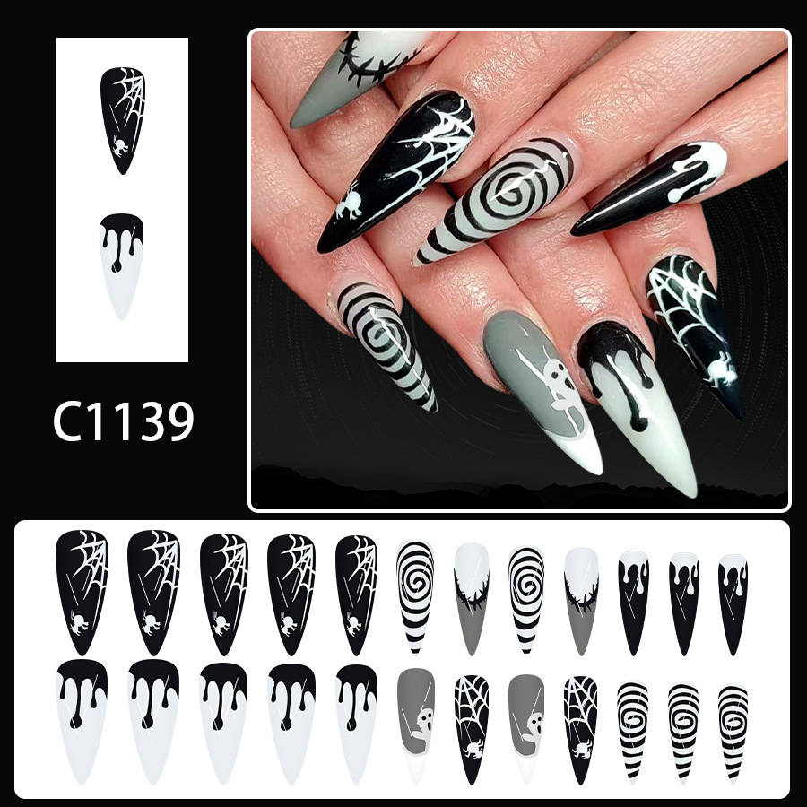 Ghost Cobweb Black — Long Almond Press-On Nails