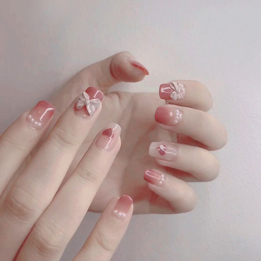 French Tip Press-On Nails with Rhinestones
