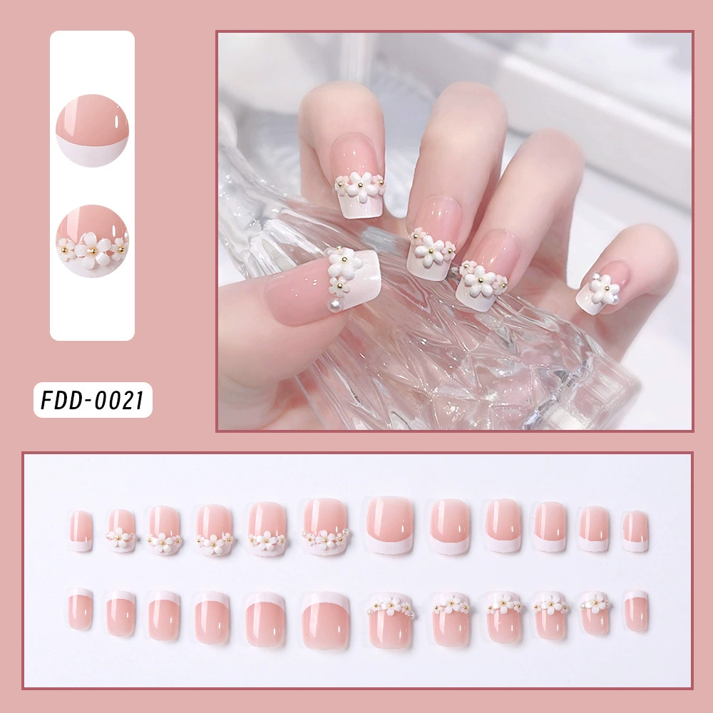 Pink Floral French — Long Press-On Nails
