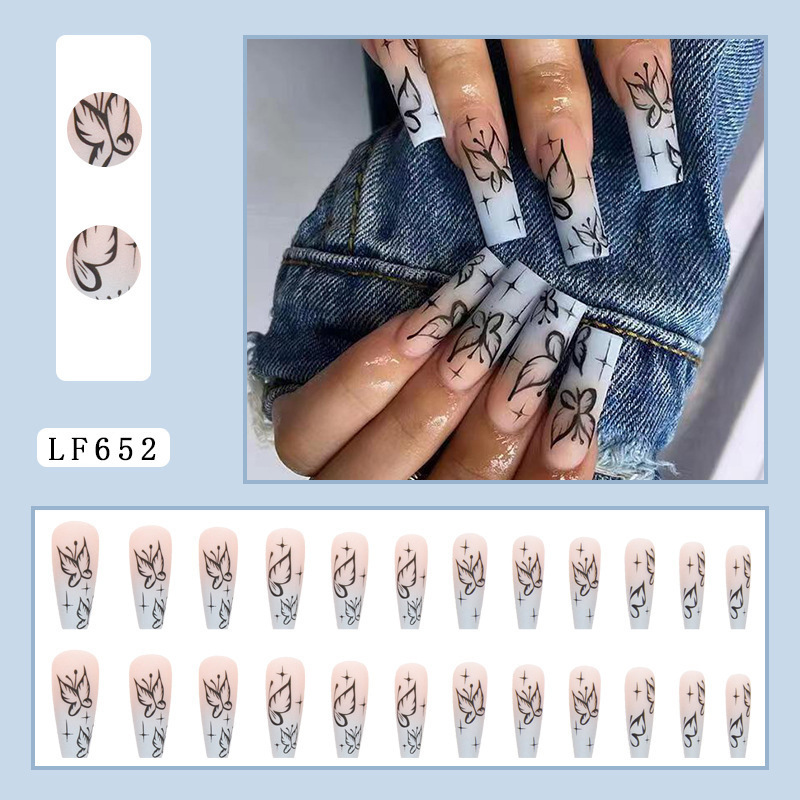 White Floral Coffin — Long Press-On Nails