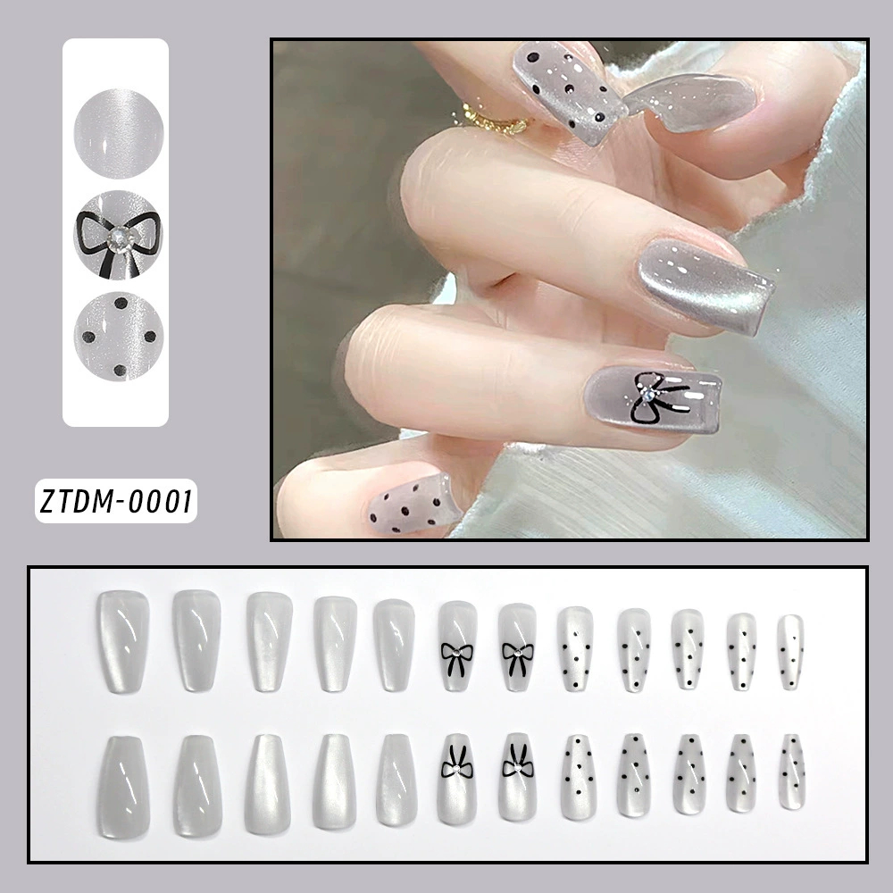 Silver Cat Eye Bow — Long Press-On Nails